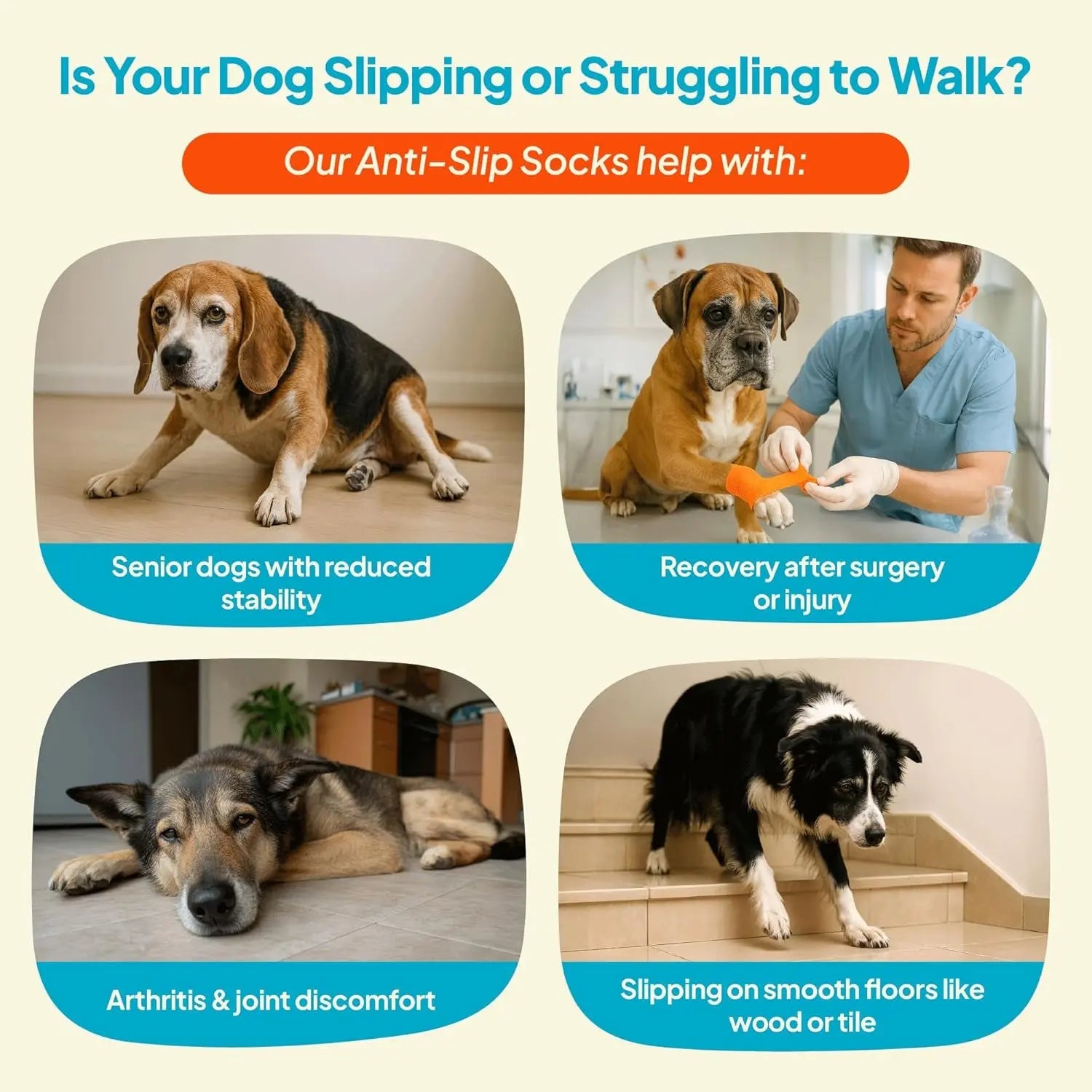 Anti-Slip Dog Socks with Straps, Breathable & Washable – 4 Pack (XS–XXL)