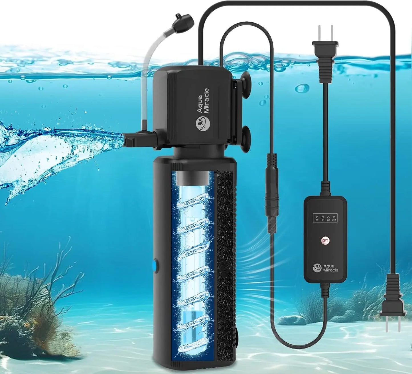 Aquarium Filter with UV Light Timer 400GPH Fish Tank Filter 10–200 Gal For Aquariums 20-70 Gal(Sv-800)