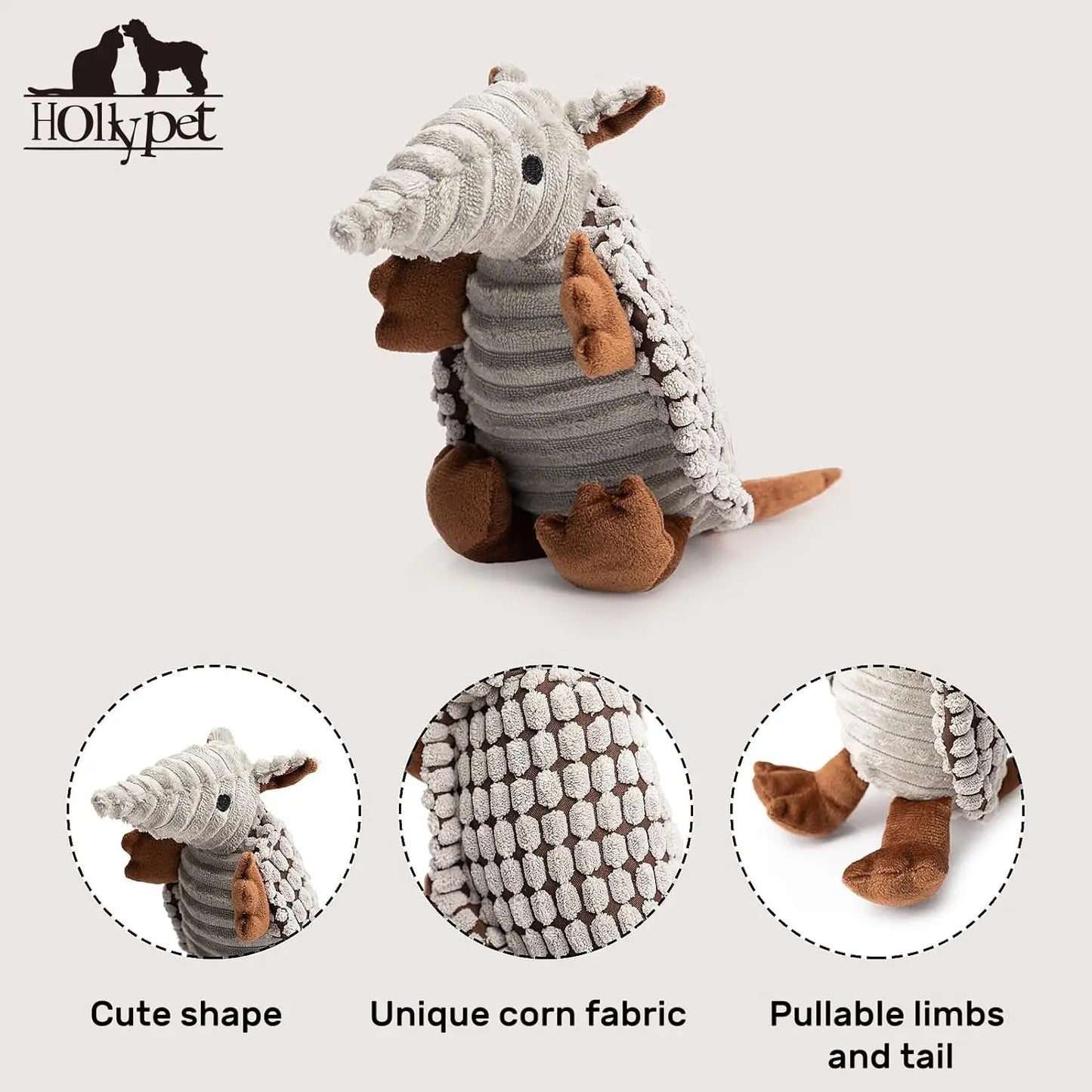 Armadillo Squeaky Plush Dog Toy, Soft Chew Toy for Small & Medium Dogs