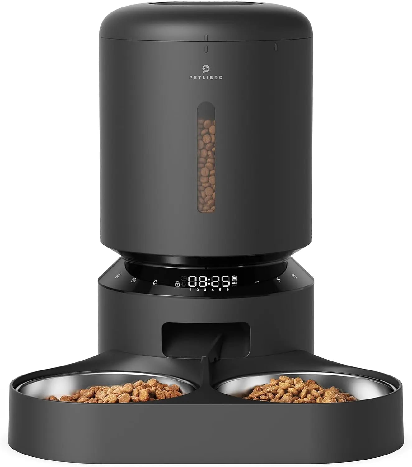 Automatic Cat Feeder with Timer, 6 Meals/Day, Freshness Lock & Low Food Sensor. Smart Dry Food Dispenser for Cats & Dogs Black 5L -Basic Dual Tray