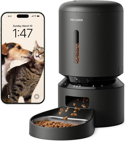 Automatic Pet Feeder 3L/5L with Camera, Timed Portions, Voice Call, Dual Power Black 5L- Camera