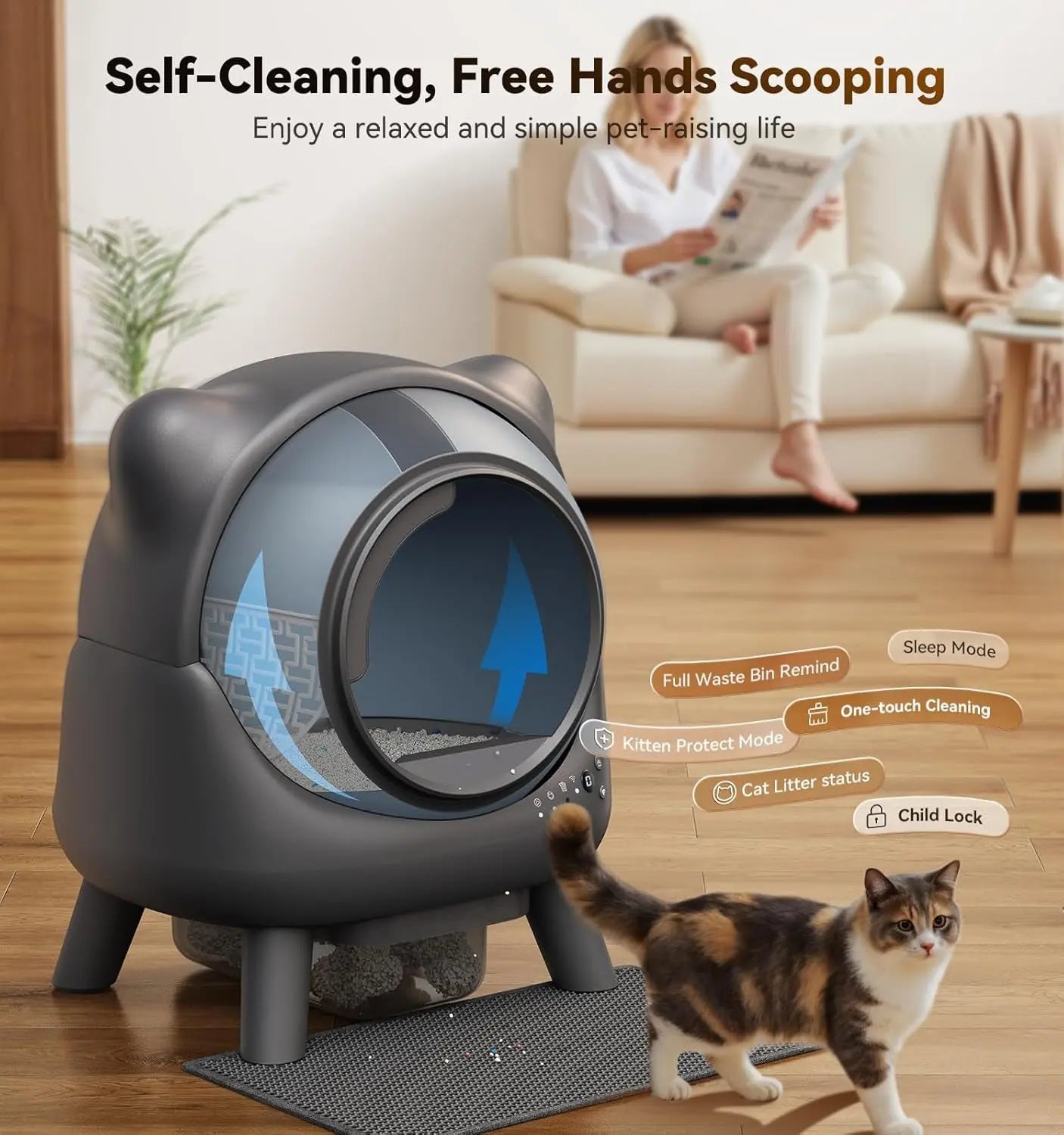 Automatic Self-Cleaning Cat Litter Box 65 L – Odor Control, App Monitor, Black