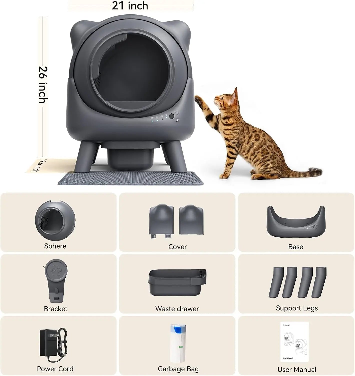 Automatic Self-Cleaning Cat Litter Box 65 L – Odor Control, App Monitor, Black