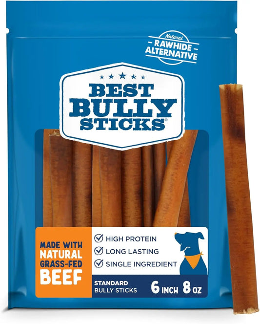 Best Bully Sticks Natural Beef Dog Chews – Grass-Fed, Grain & Rawhide Free 6" 8Oz Bully Sticks