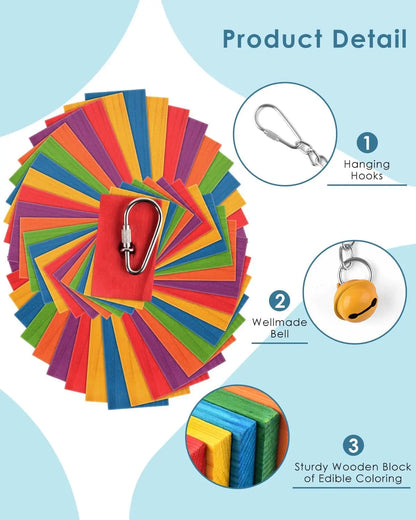 Bird Chew Toy with Wooden Blocks, Hanging Parrot Toy for Medium to Large Birds