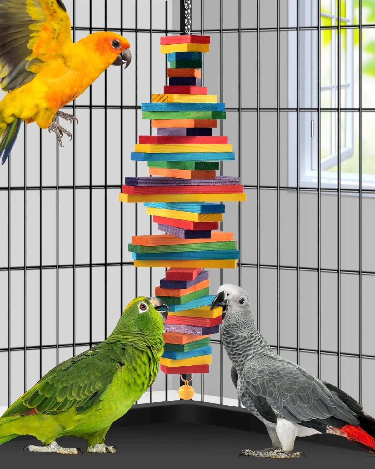 Bird Chew Toy with Wooden Blocks, Hanging Parrot Toy for Medium to Large Birds