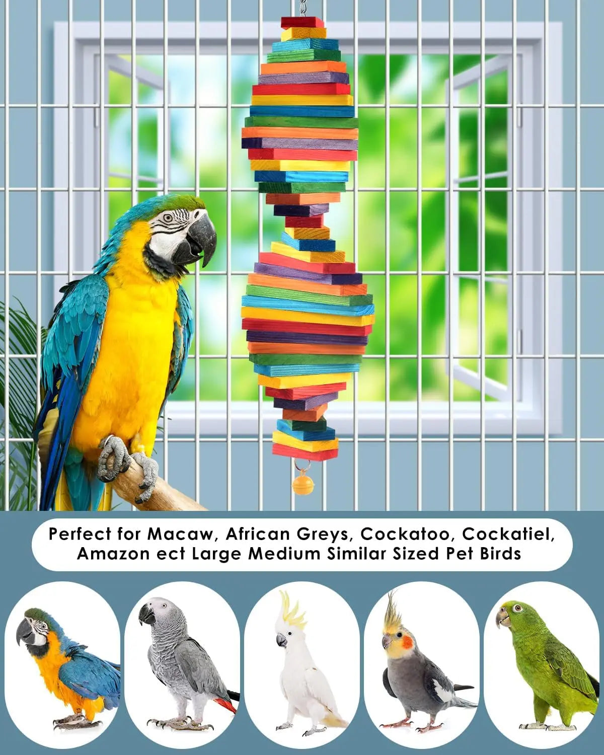 Bird Chew Toy with Wooden Blocks, Hanging Parrot Toy for Medium to Large Birds