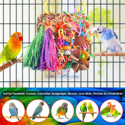 Bird Grass Mat Foraging Toy, Hanging Climbing & Shredder Toy for Small Birds