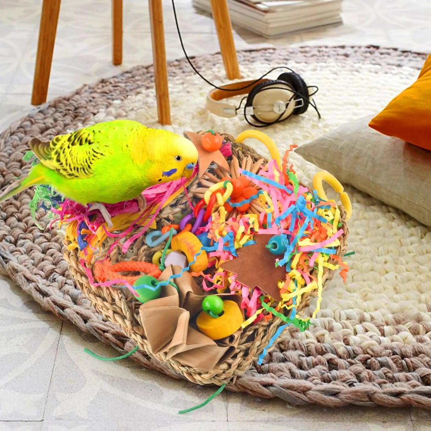 Bird Grass Mat Foraging Toy, Hanging Climbing & Shredder Toy for Small Birds