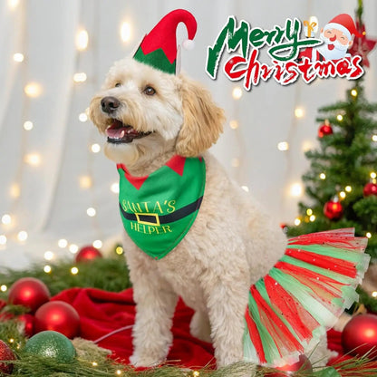 Birthday & Christmas Dog Costume Set with Tutu, Bandana & Hat, Holiday Outfit S–M