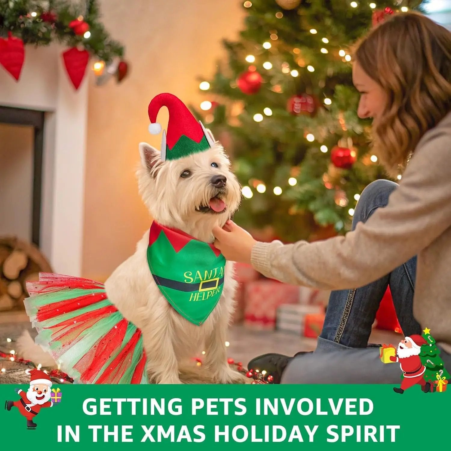 Birthday & Christmas Dog Costume Set with Tutu, Bandana & Hat, Holiday Outfit S–M