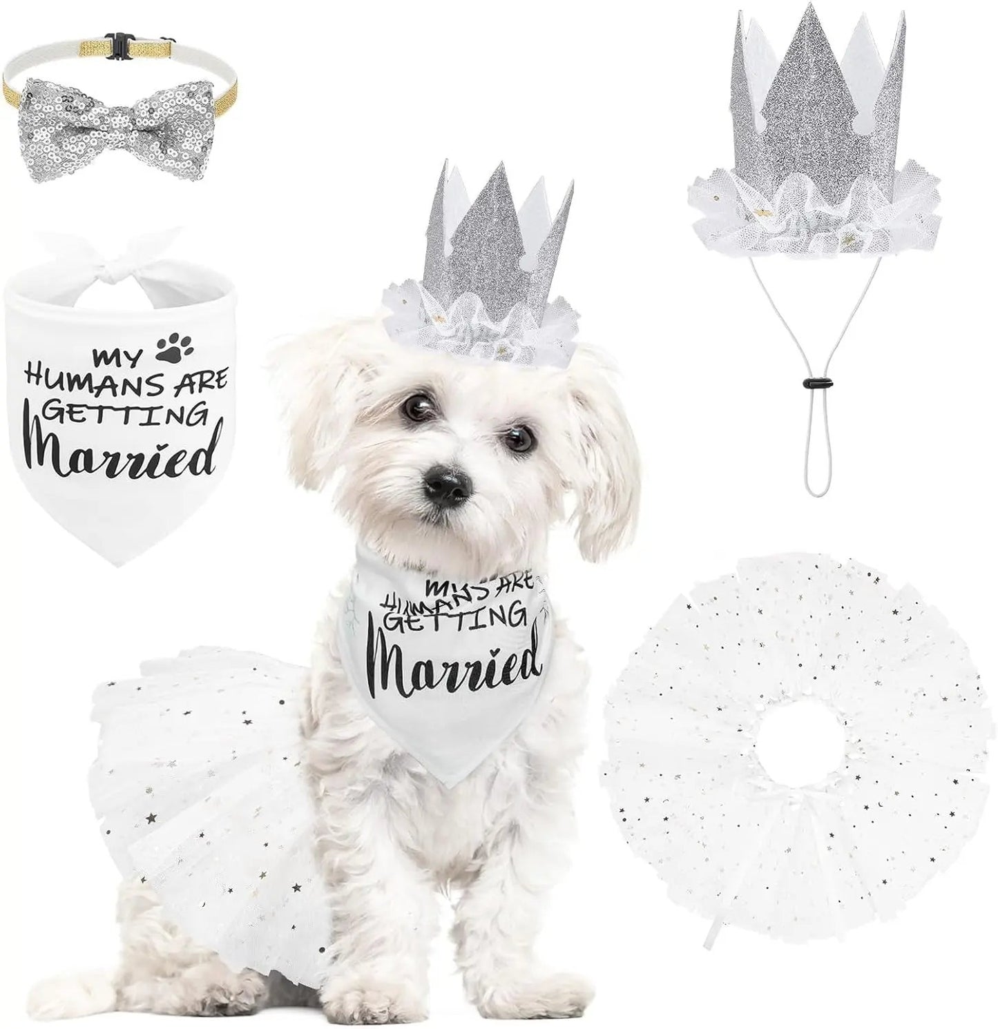 Birthday & Christmas Dog Costume Set with Tutu, Bandana & Hat, Holiday Outfit S–M White(Wedding) S(Suit For Small Dogs)