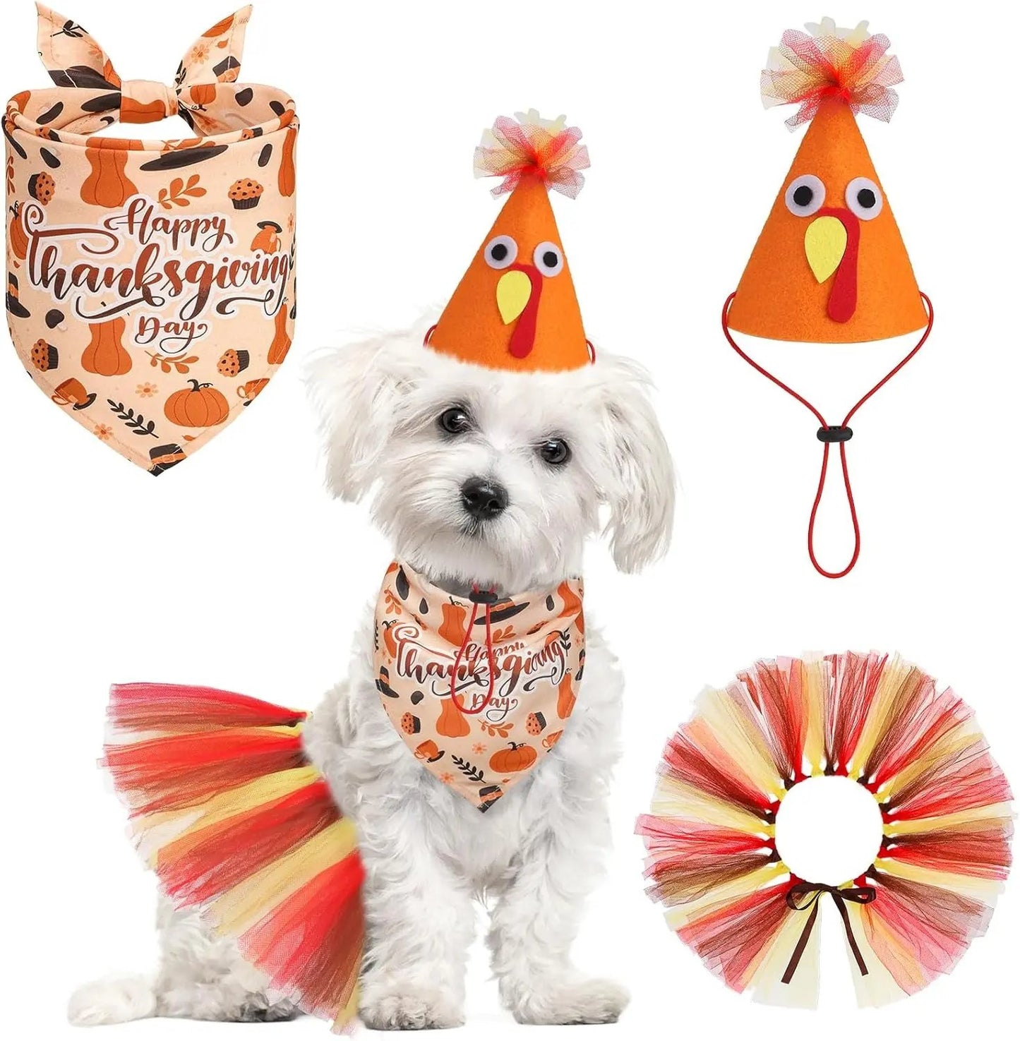 Birthday & Christmas Dog Costume Set with Tutu, Bandana & Hat, Holiday Outfit S–M Brown (Thanksgiving) S(Suit For Small Dogs)