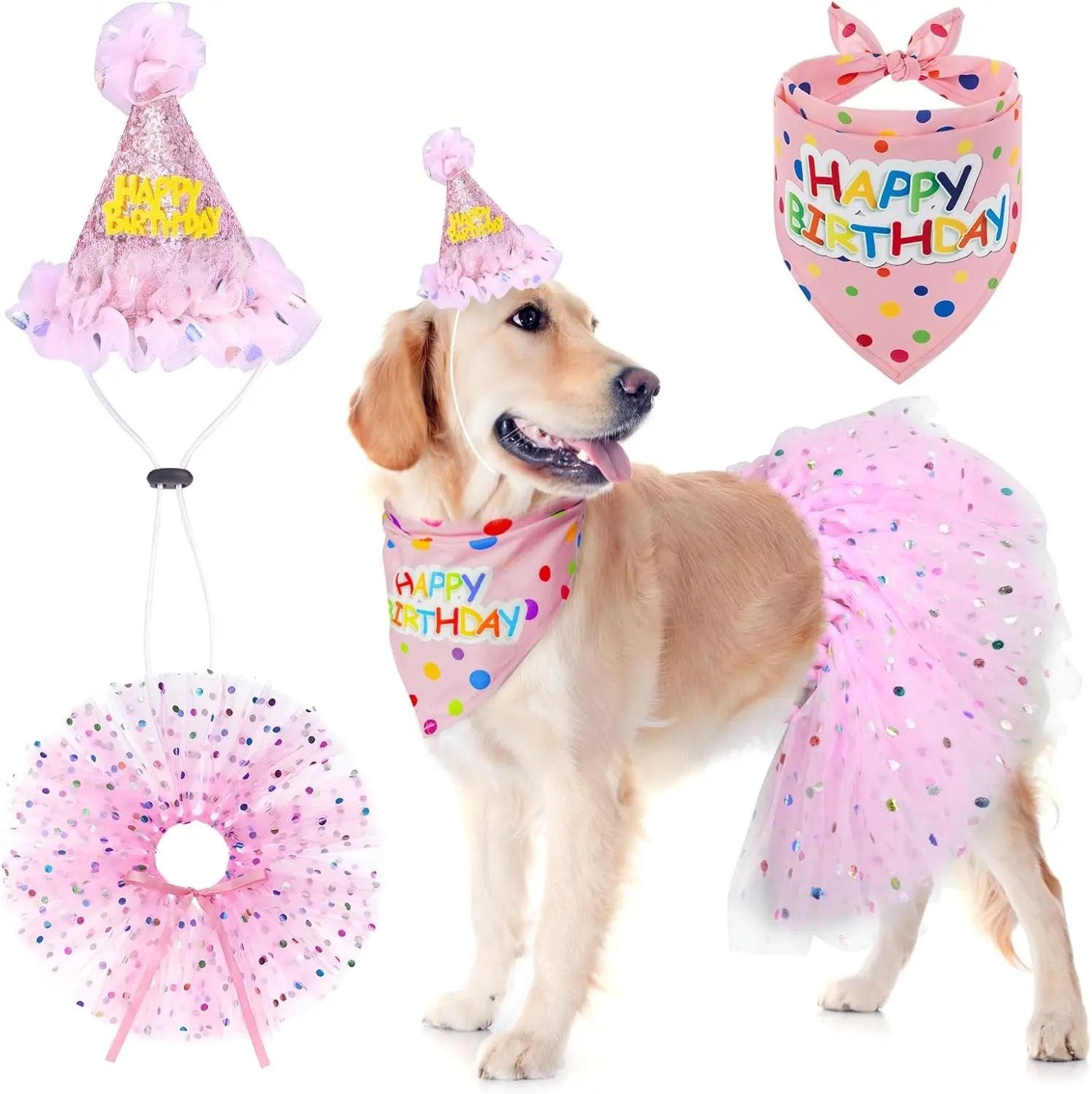 Birthday & Christmas Dog Costume Set with Tutu, Bandana & Hat, Holiday Outfit S–M Pink(Birthday) L(Suit For Large Medium Dogs)