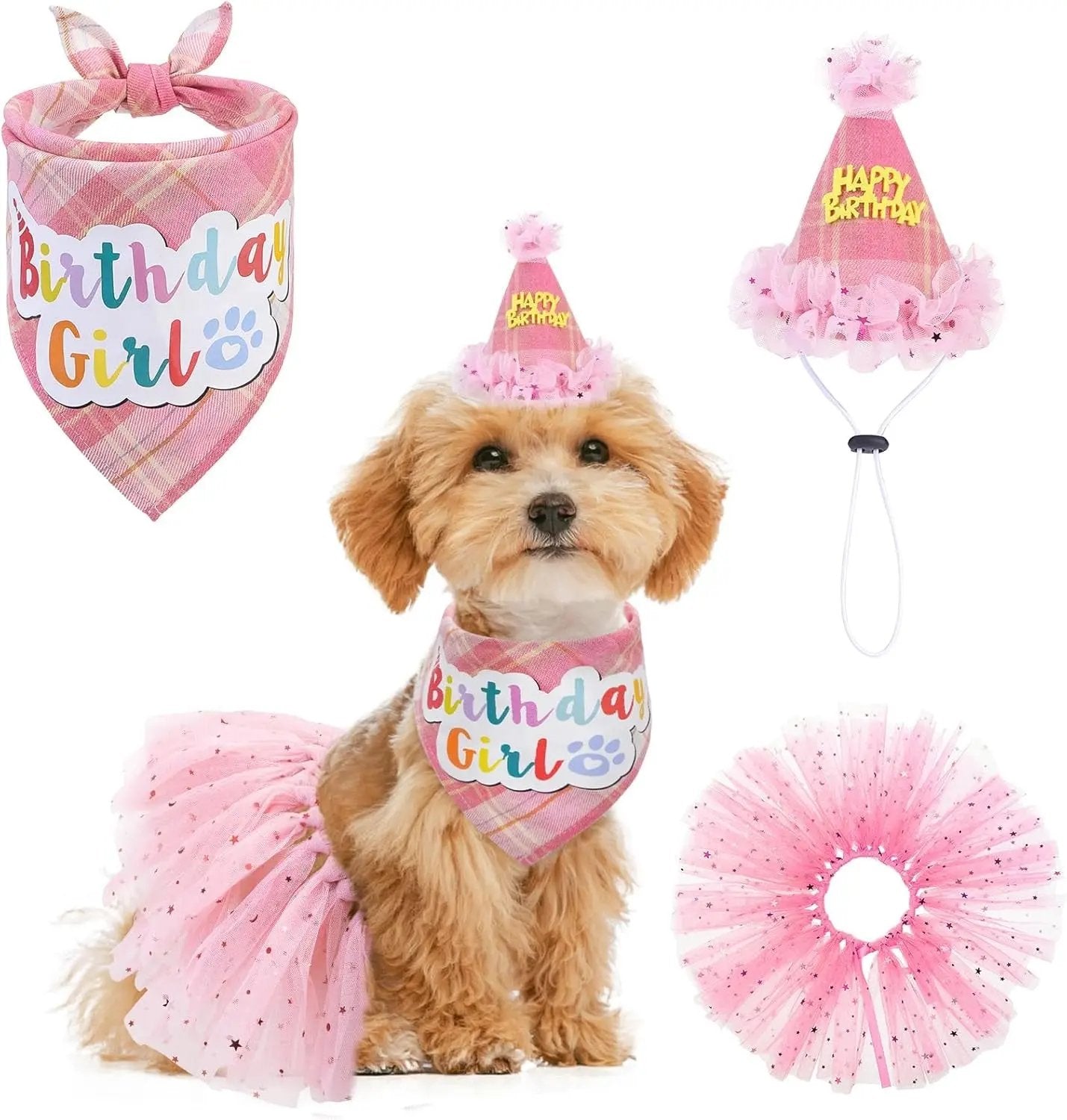 Birthday & Christmas Dog Costume Set with Tutu, Bandana & Hat, Holiday Outfit S–M Pink Plaid(Birthday) S(Suit For Small Dogs)