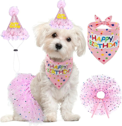 Birthday & Christmas Dog Costume Set with Tutu, Bandana & Hat, Holiday Outfit S–M Pink(Birthday) S(Suit For Small Dogs)