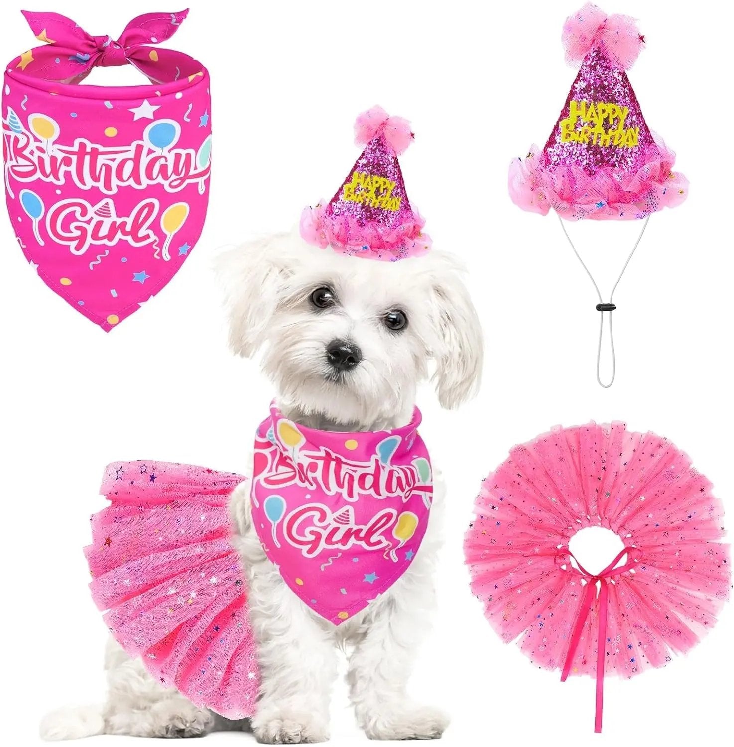 Birthday & Christmas Dog Costume Set with Tutu, Bandana & Hat, Holiday Outfit S–M Rose Pink(Birthday) S(Suit For Small Dogs)