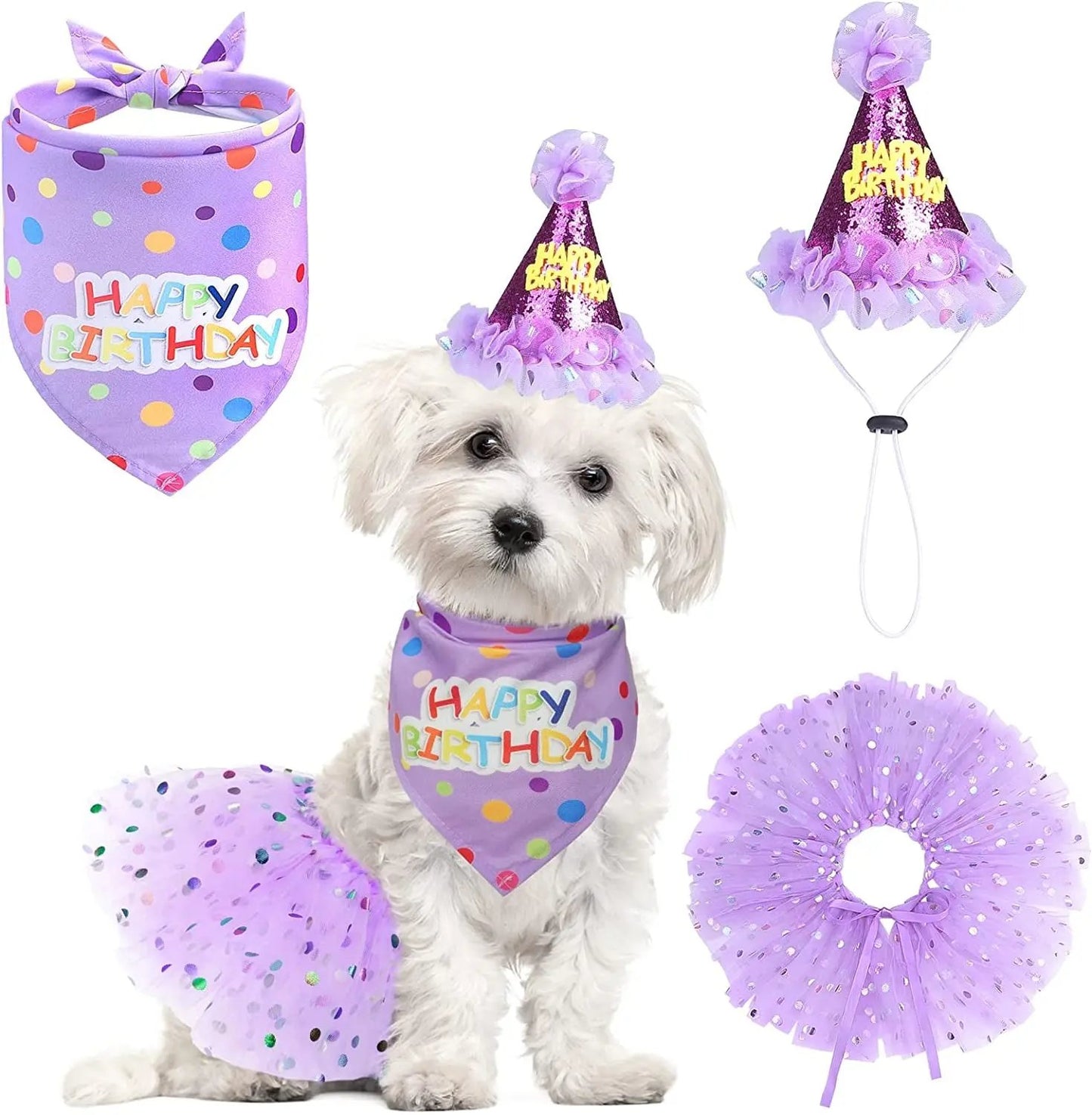Birthday & Christmas Dog Costume Set with Tutu, Bandana & Hat, Holiday Outfit S–M Purple(Birthday) S(Suit For Small Dogs)