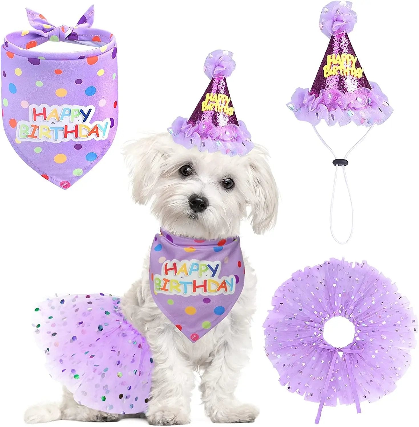 Birthday & Christmas Dog Costume Set with Tutu, Bandana & Hat, Holiday Outfit S–M Purple(Birthday) S(Suit For Small Dogs)