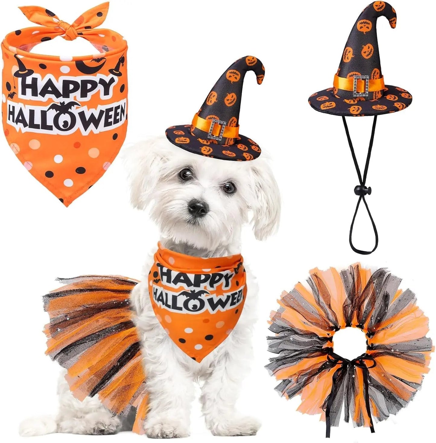 Birthday & Christmas Dog Costume Set with Tutu, Bandana & Hat, Holiday Outfit S–M Orange(Halloween) S(Suit For Small Dogs)