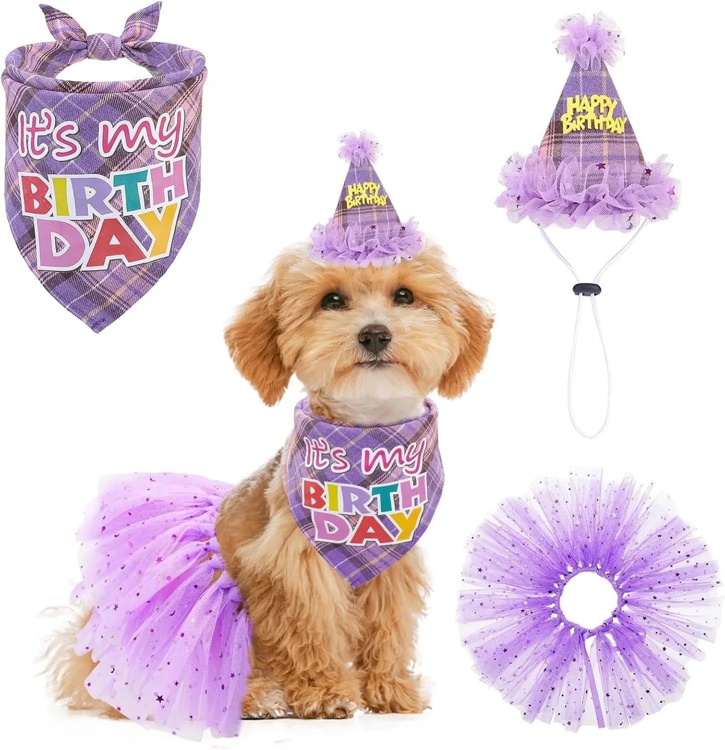 Birthday & Christmas Dog Costume Set with Tutu, Bandana & Hat, Holiday Outfit S–M Purple Plaid(Birthday) S(Suit For Small Dogs)