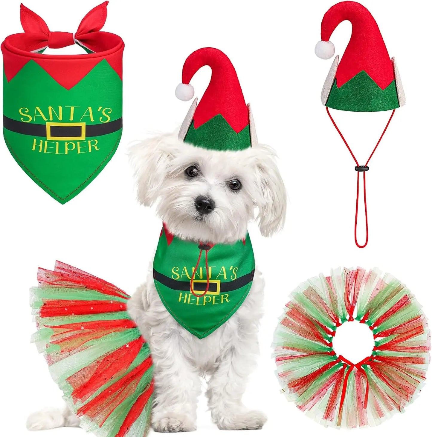 Birthday & Holiday Dog Costume Set with Tutu, Bandana & Hat, Holiday Outfit S–M Green (Christmas) S(Suit For Small Dogs)
