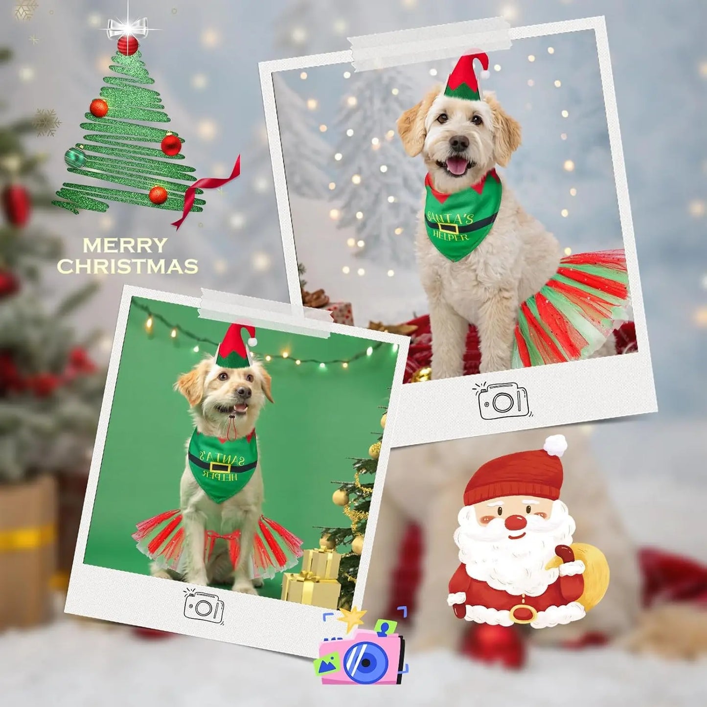 Birthday & Holiday Dog Costume Set with Tutu, Bandana & Hat, Holiday Outfit S–M