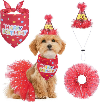 Birthday & Holiday Dog Costume Set with Tutu, Bandana & Hat, Holiday Outfit S–M Red(Birthday) S(Suit For Small Dogs)