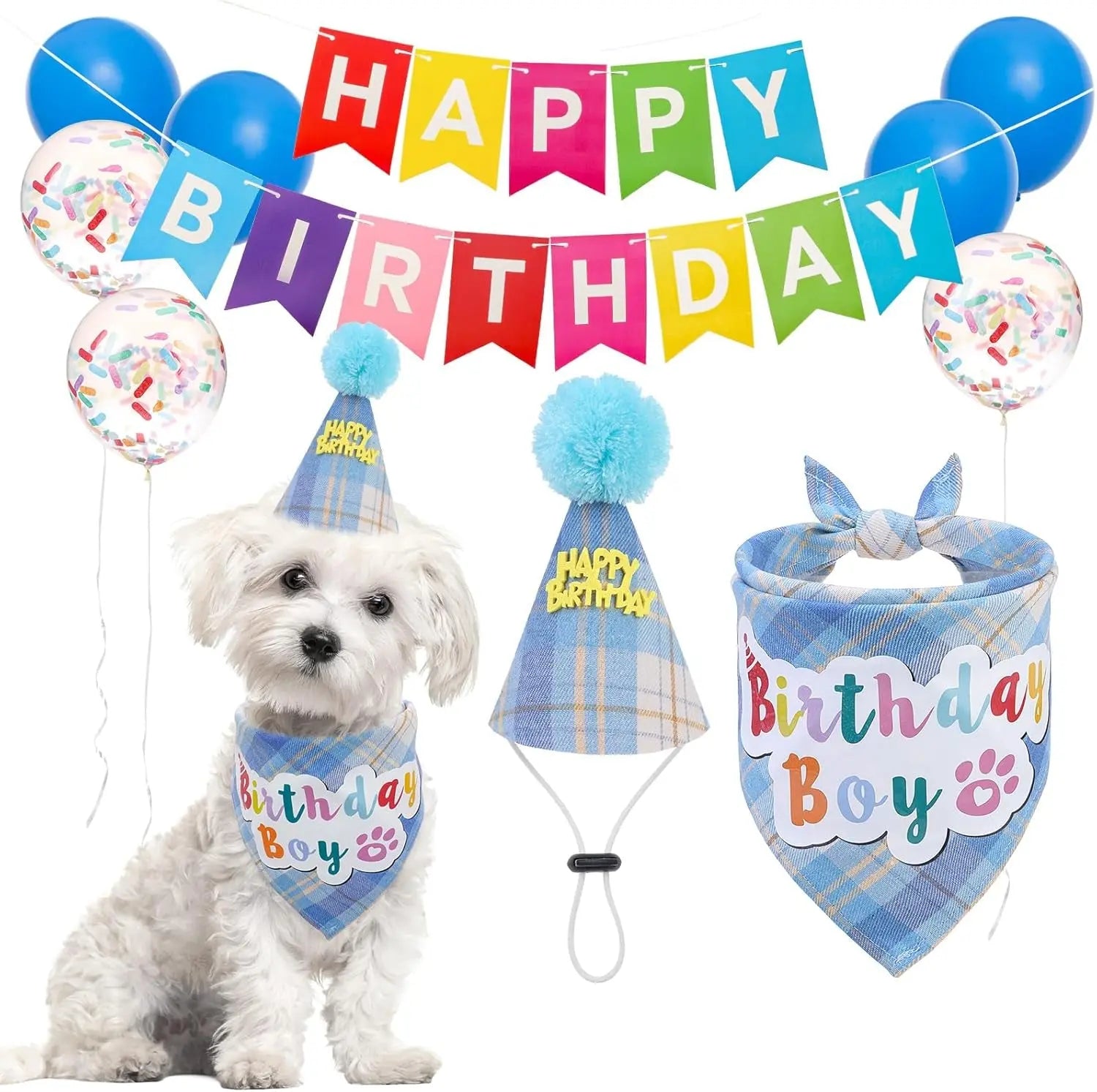 Birthday & Holiday Dog Costume Set with Tutu, Bandana & Hat, Holiday Outfit S–M Boy-Light Blue Plaid(Birthday) S(Suit For Small Dogs)
