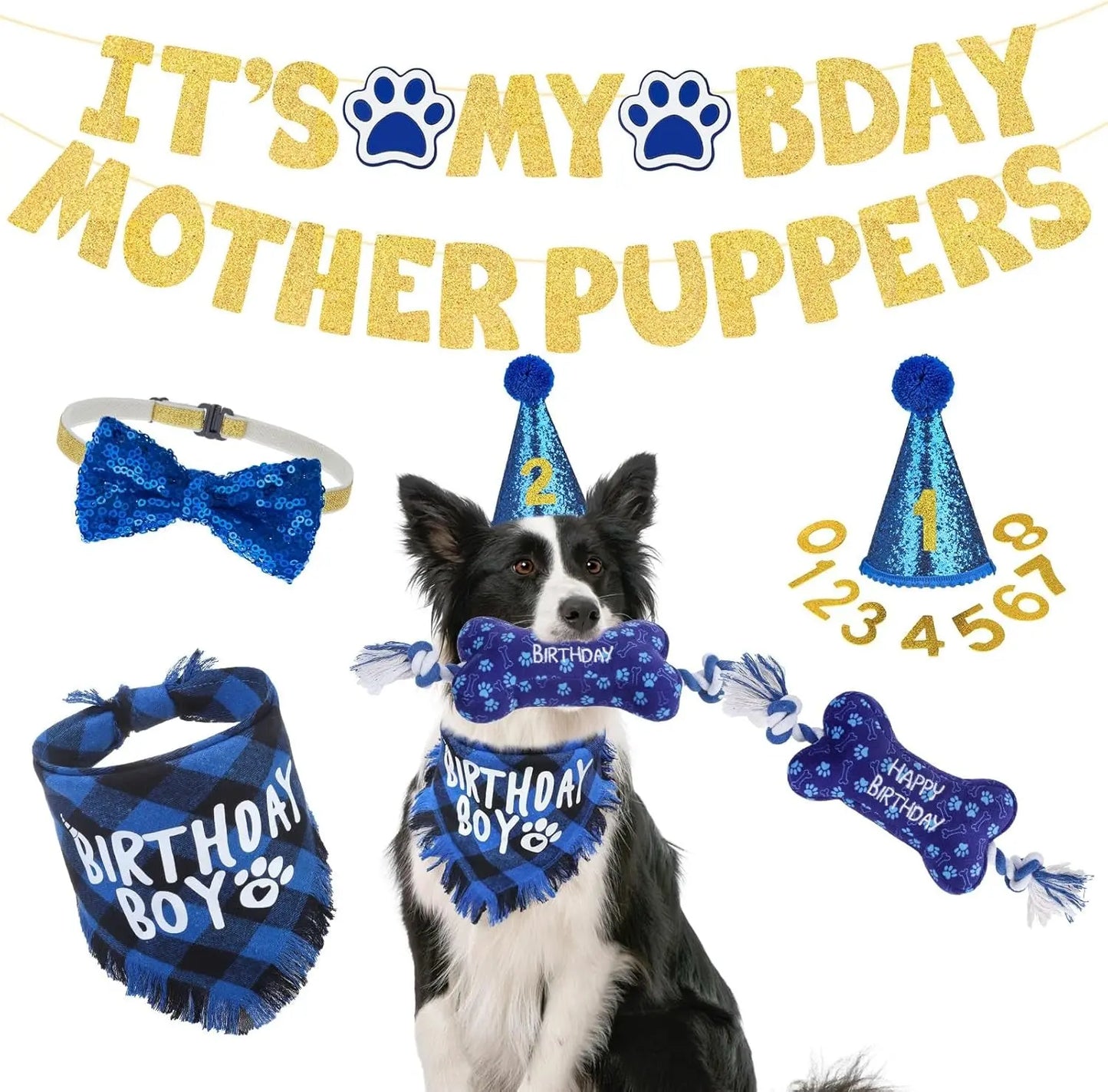 Birthday & Holiday Dog Costume Set with Tutu, Bandana & Hat, Holiday Outfit S–M Boy-Blue Plaid(Birthday) S(Suit For Small Dogs)