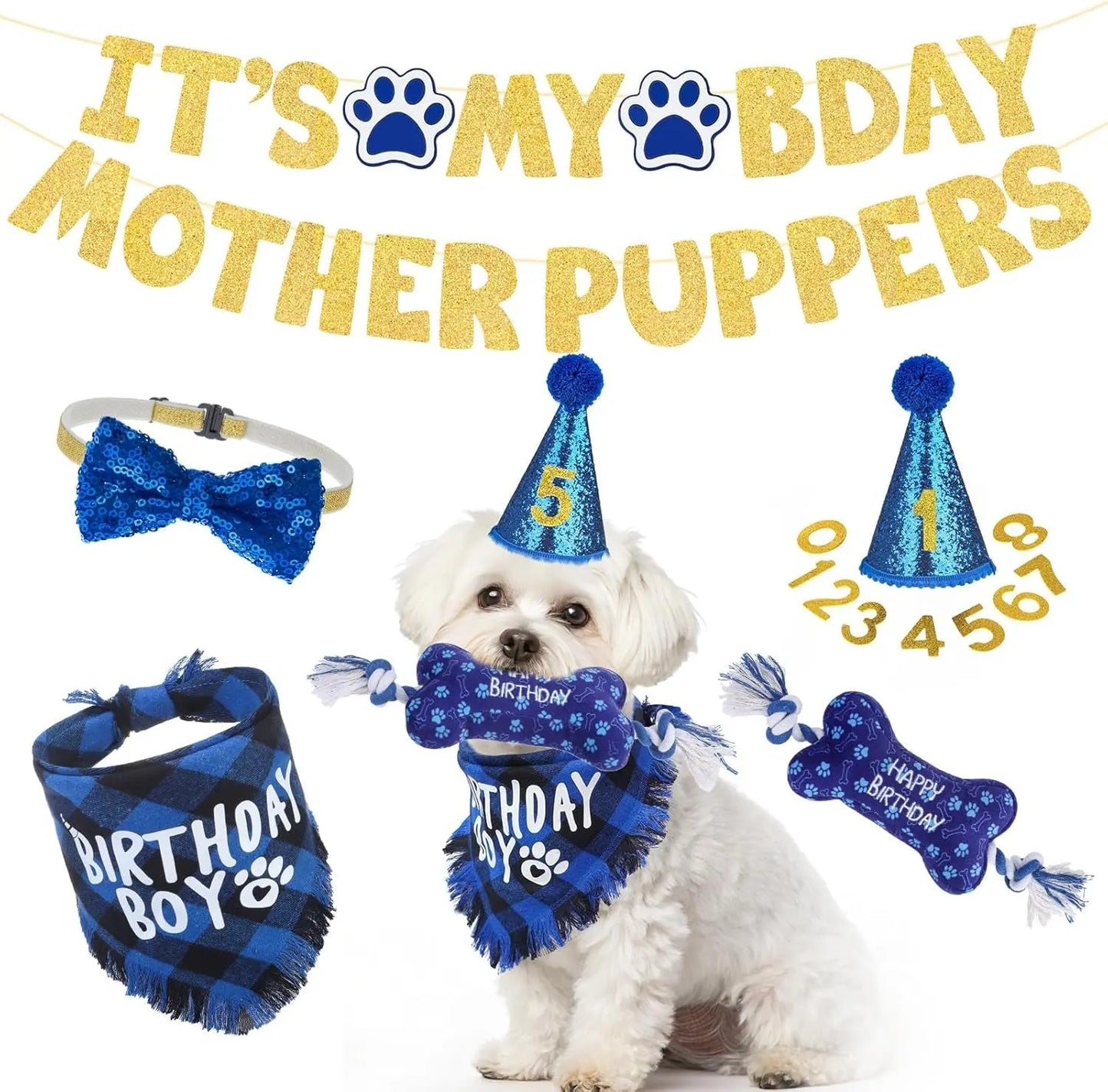 Birthday & Holiday Dog Costume Set with Tutu, Bandana & Hat, Holiday Outfit S–M Boy-Blue Plaid(Birthday) Xs-S(Suit For Small Dogs)