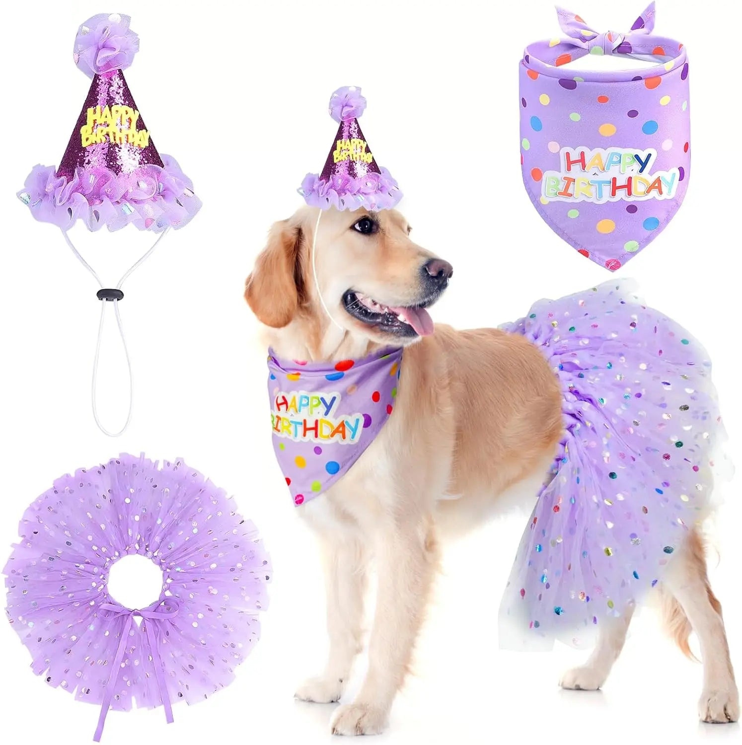Birthday & Holiday Dog Costume Set with Tutu, Bandana & Hat, Holiday Outfit S–M Purple(Birthday) L(Suit For Large Medium Dogs)