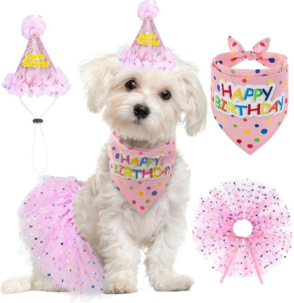 Birthday & Holiday Dog Costume Set with Tutu, Bandana & Hat, Holiday Outfit S–M Pink(Birthday) S(Suit For Small Dogs)
