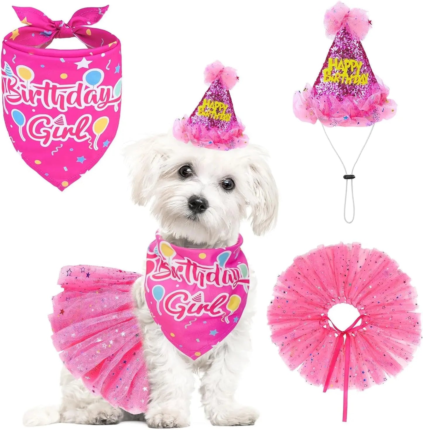 Birthday & Holiday Dog Costume Set with Tutu, Bandana & Hat, Holiday Outfit S–M Rose Pink(Birthday) S(Suit For Small Dogs)