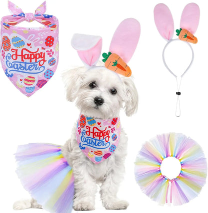 Birthday & Holiday Dog Costume Set with Tutu, Bandana & Hat, Holiday Outfit S–M Pink(Easter) S(Suit For Small Dogs)