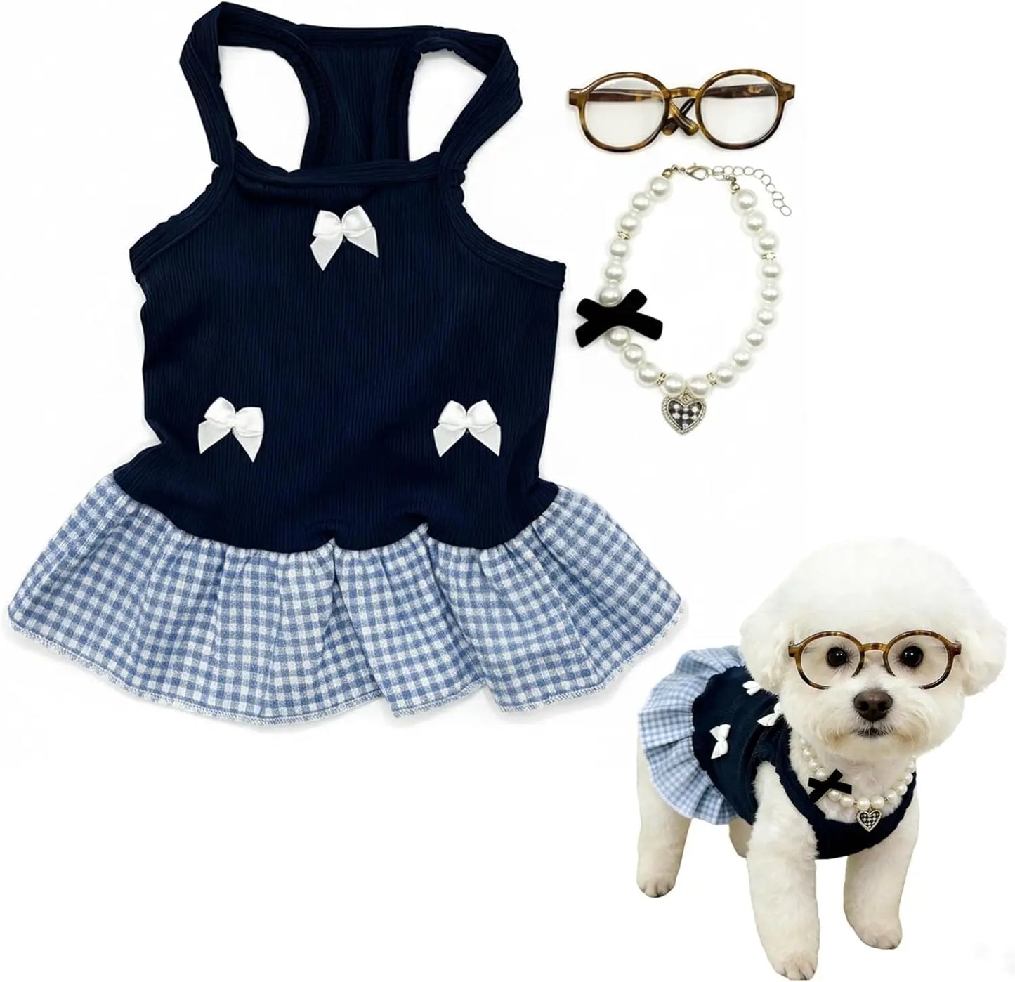 Blue Plaid Small Dog or Cat Dress w/ Glasses & Pearl Necklace Small Dogs Default Title