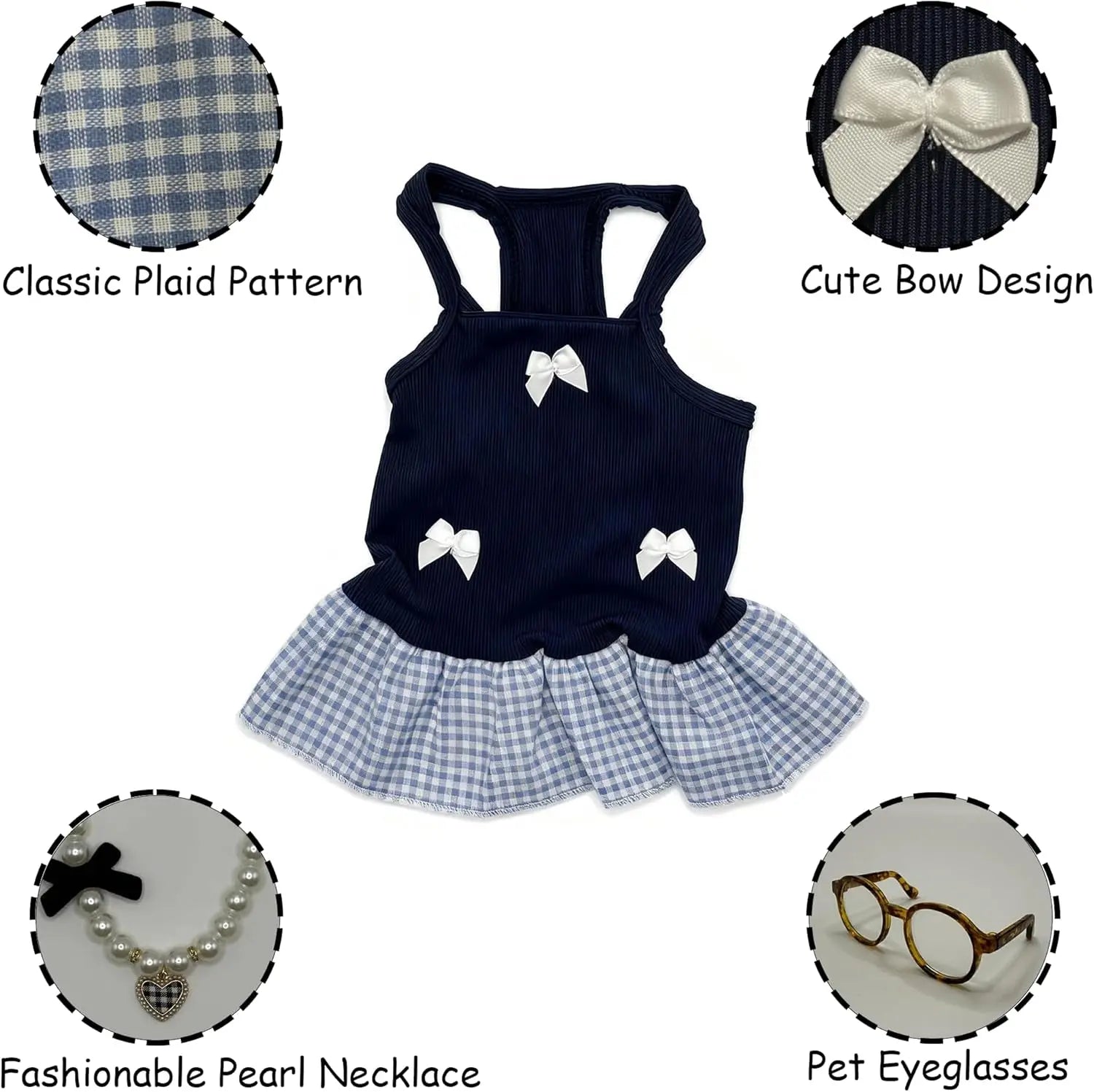 Blue Plaid Small Dog or Cat Dress w/ Glasses & Pearl Necklace Small Dogs