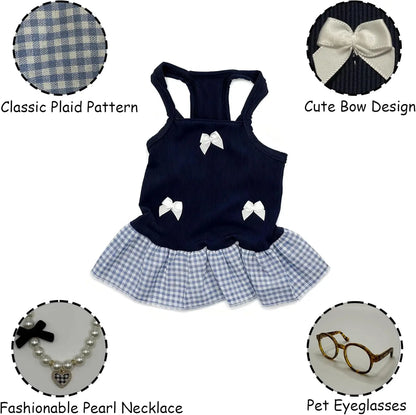 Blue Plaid Small Dog or Cat Dress w/ Glasses & Pearl Necklace Small Dogs