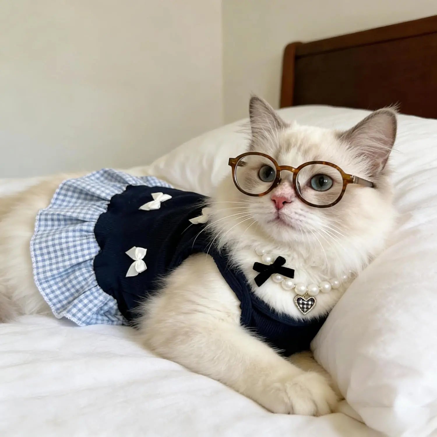 Blue Plaid Small Dog or Cat Dress w/ Glasses & Pearl Necklace Small Dogs