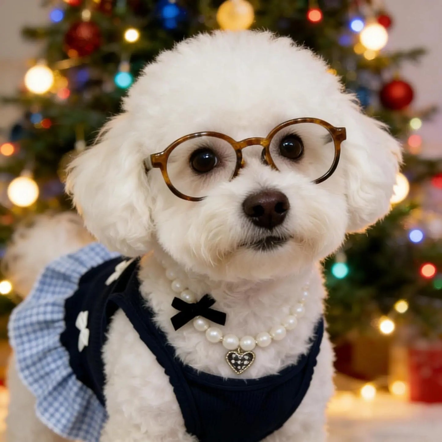Blue Plaid Small Dog or Cat Dress w/ Glasses & Pearl Necklace Small Dogs