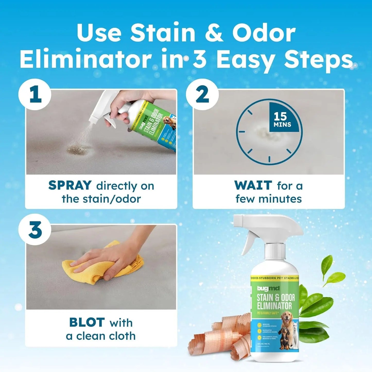BugMD Enzyme Cleaner Pet Urine Stain Odor Remover Unscented Carpet Spray