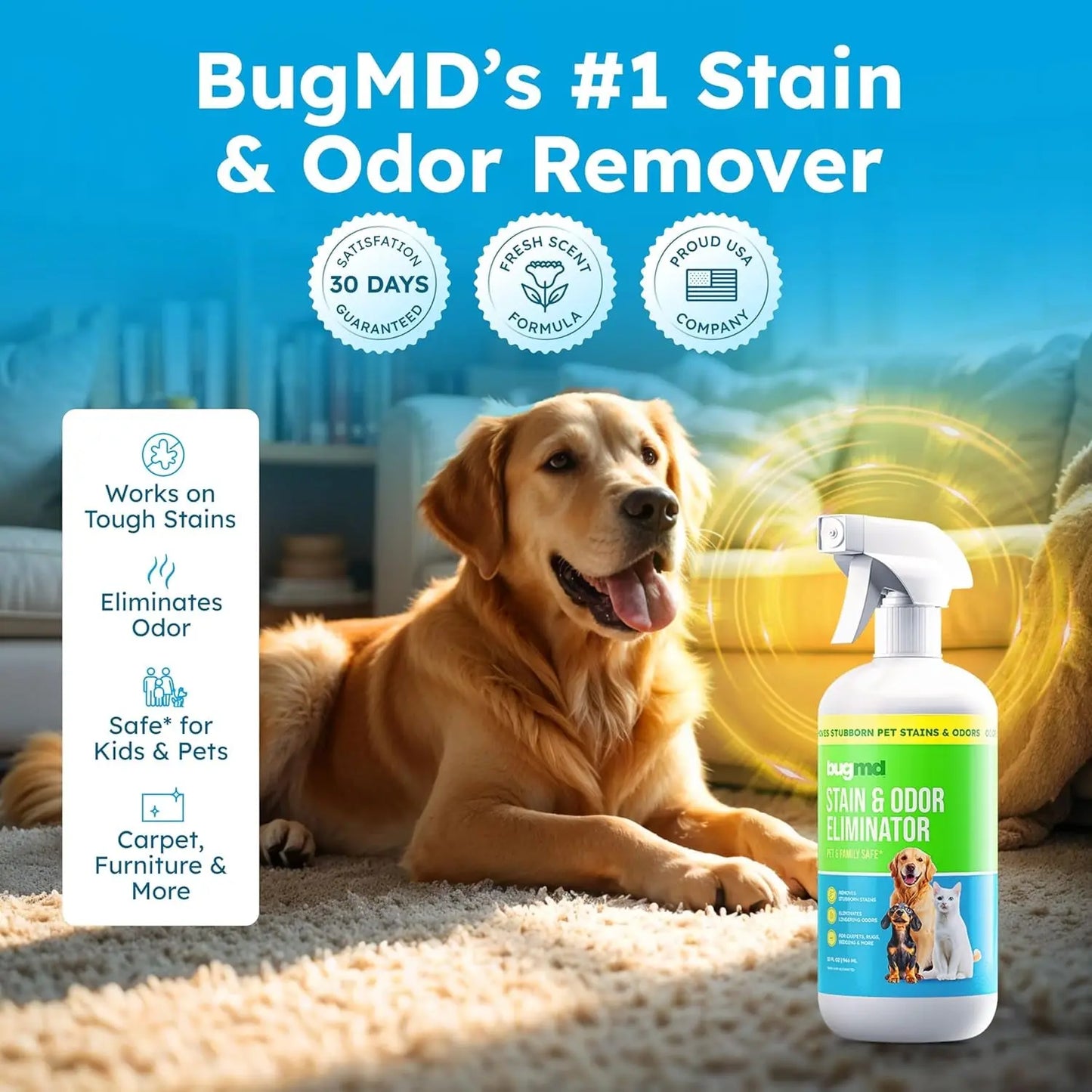 BugMD Enzyme Cleaner Pet Urine Stain Odor Remover Unscented Carpet Spray