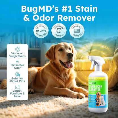 BugMD Enzyme Cleaner Pet Urine Stain Odor Remover Unscented Carpet Spray