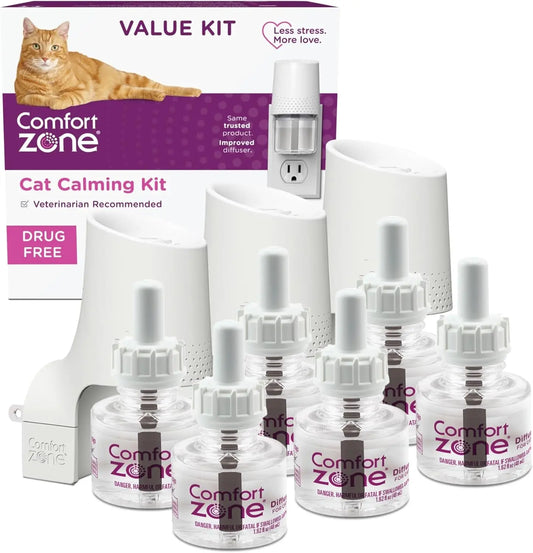 Cat Calming Diffuser Value Kit – 3 Plug-Ins & 6 Refills for Anxiety Relief 3 Diffusers, 6 Refills