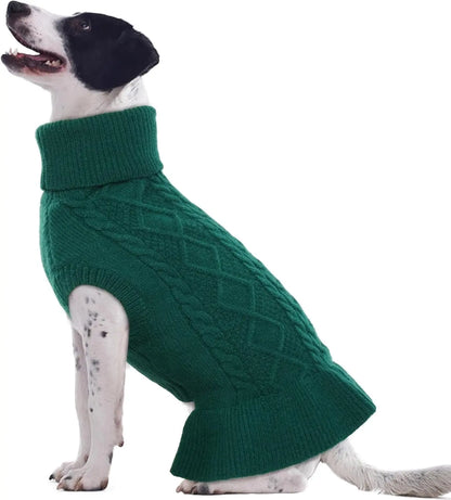 Cable Knit Dog Sweater Dress | Soft Turtleneck Warm Pet Pullover (XS–XL) Green X-Large