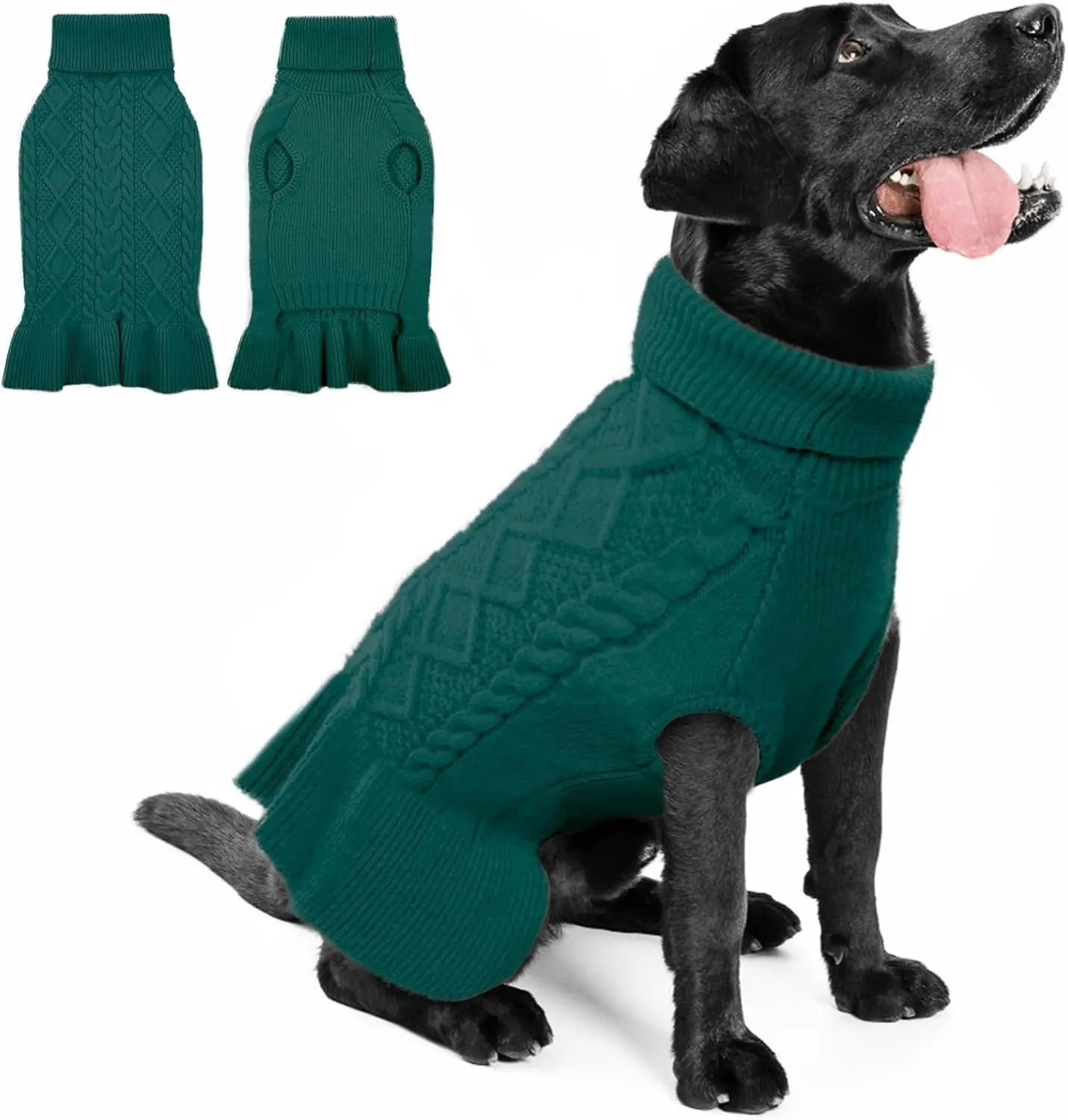 Cable Knit Dog Sweater Dress | Soft Turtleneck Warm Pet Pullover (XS–XL) Green Medium