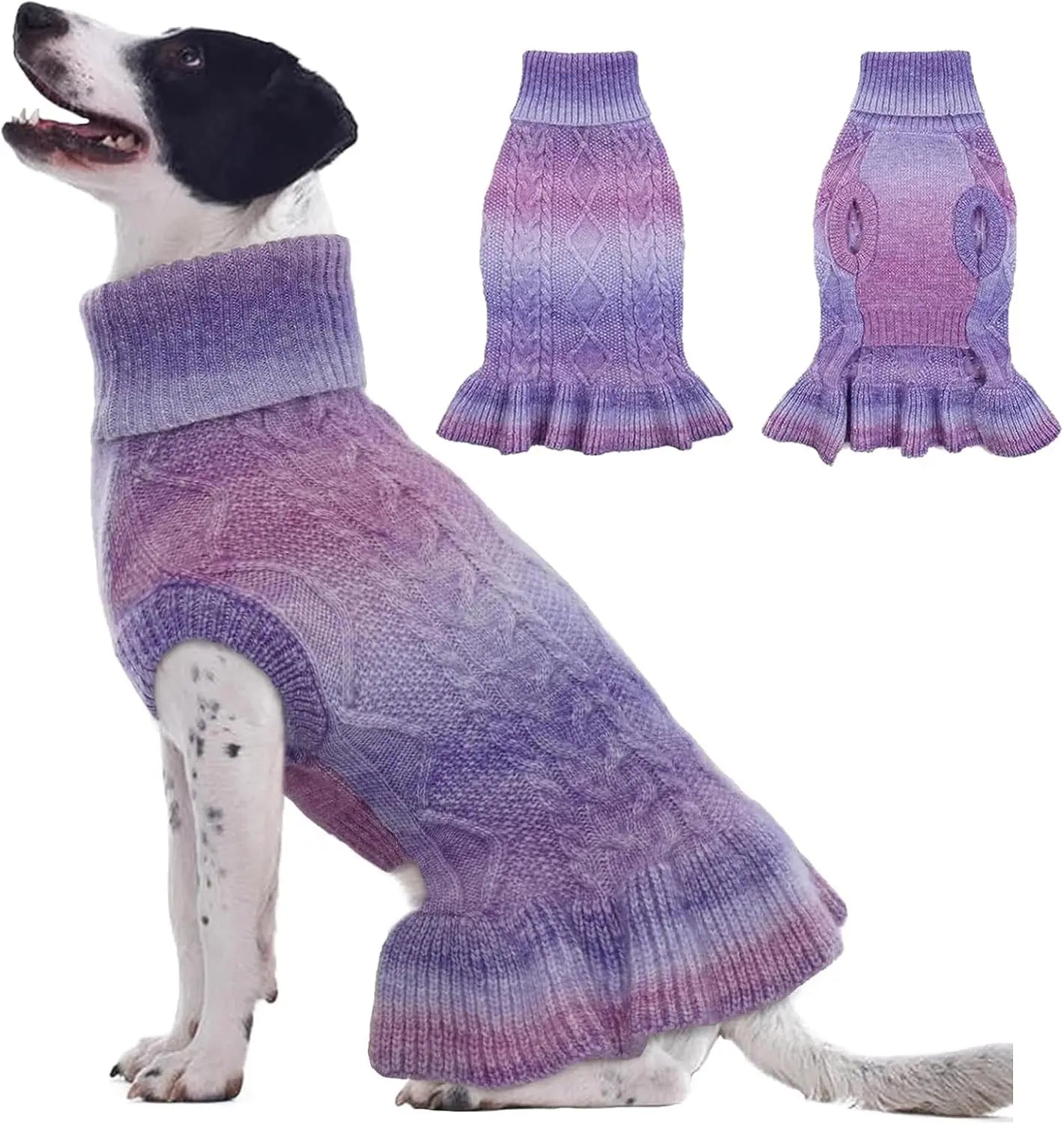Cable Knit Dog Sweater Dress | Soft Turtleneck Warm Pet Pullover (XS–XL) Gradient Purple X-Large