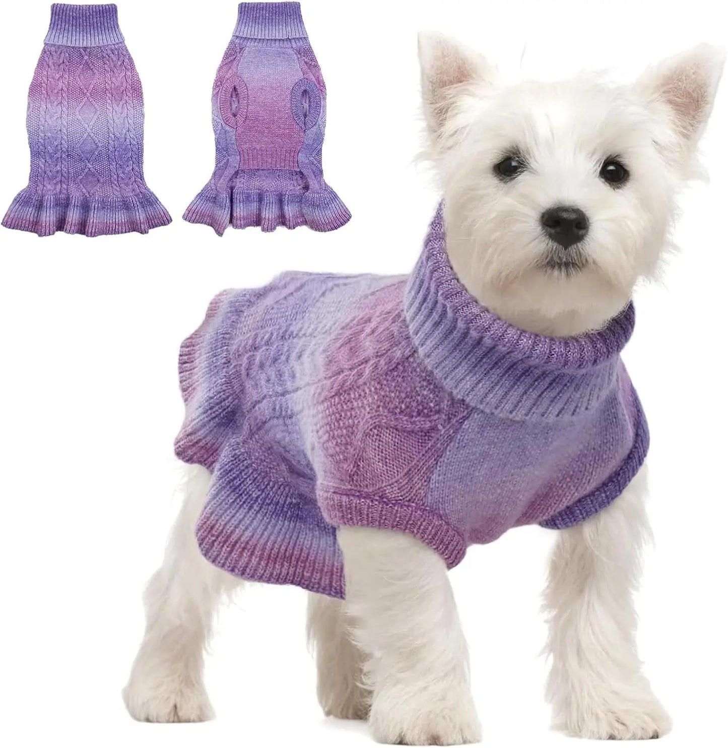 Cable Knit Dog Sweater Dress | Soft Turtleneck Warm Pet Pullover (XS–XL) Gradient Purple Medium
