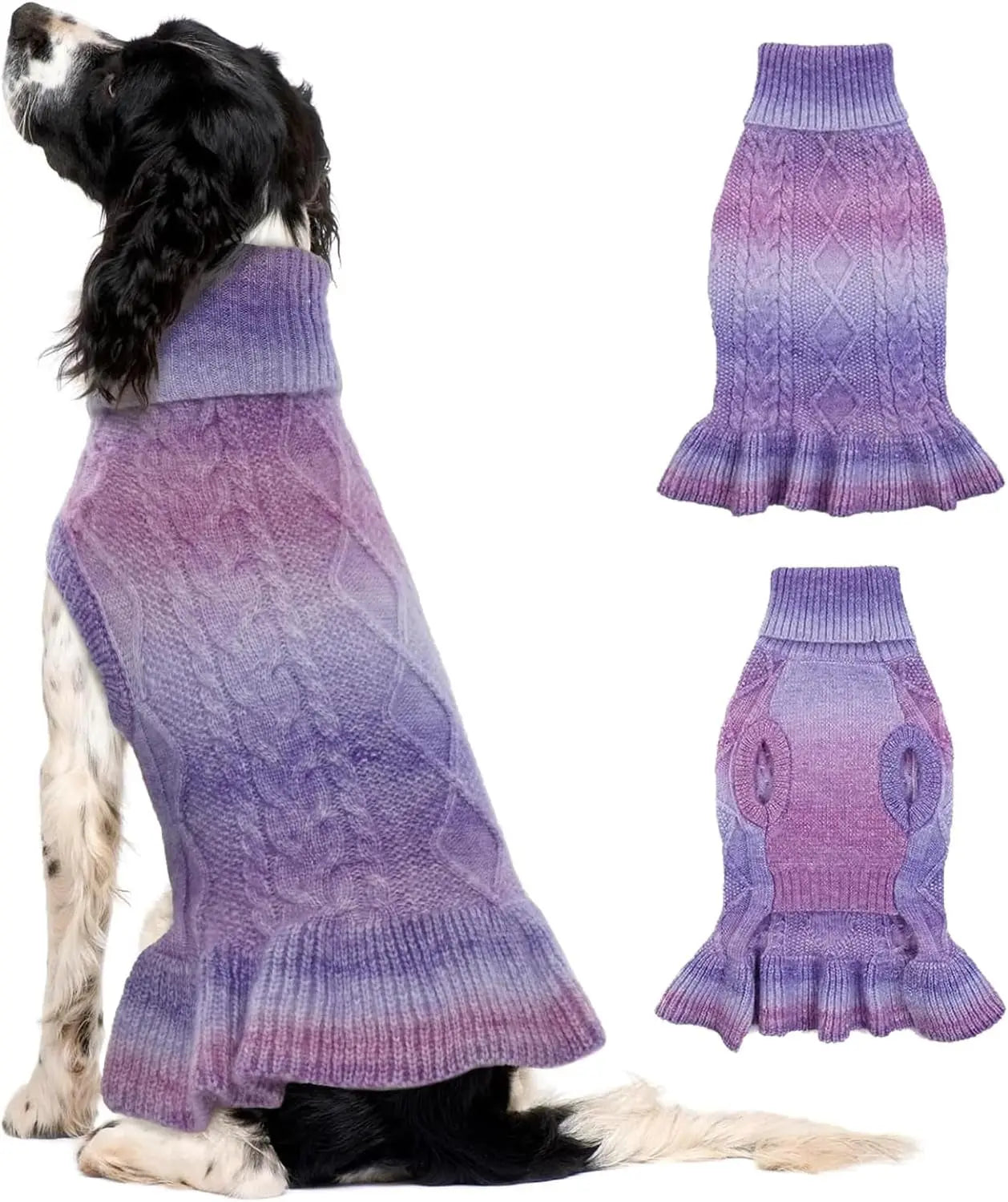 Cable Knit Dog Sweater Dress | Soft Turtleneck Warm Pet Pullover (XS–XL) Gradient Purple Large