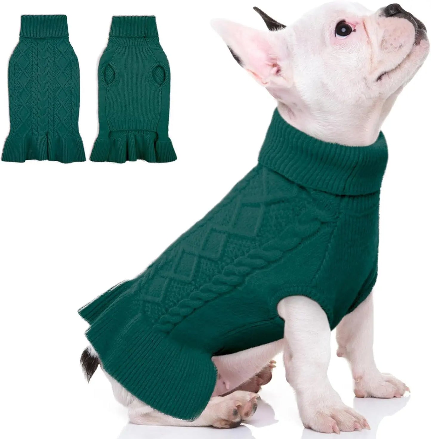 Cable Knit Dog Sweater Dress | Soft Turtleneck Warm Pet Pullover (XS–XL) Green